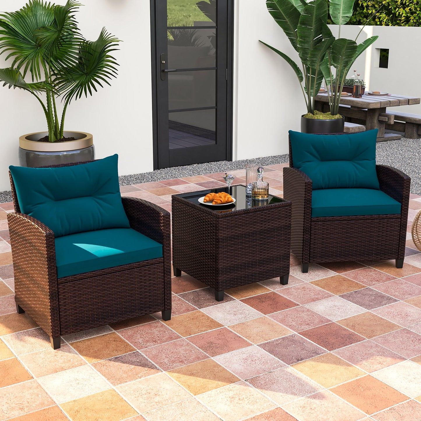 3 Pieces Patio Rattan Furniture Set with 4 Removable Cushions