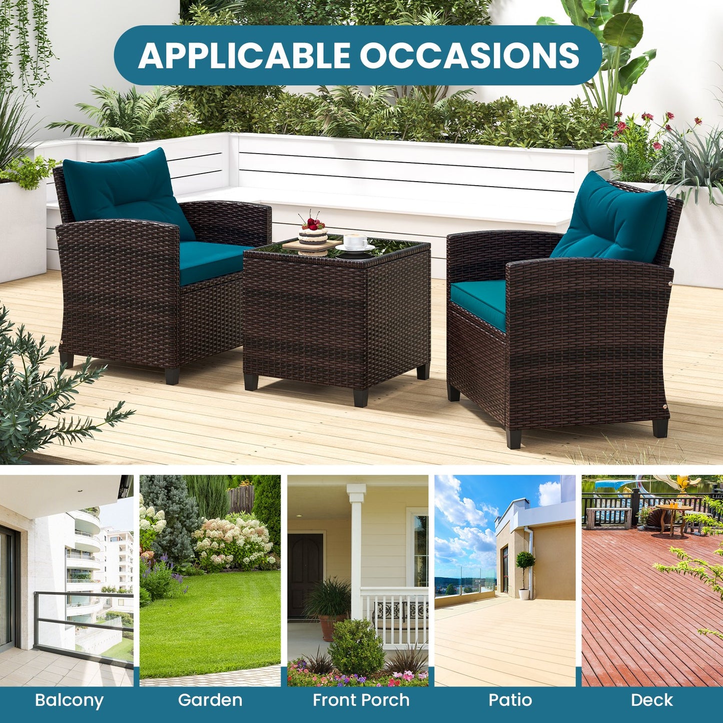 3 Pieces Patio Rattan Furniture Set with 4 Removable Cushions
