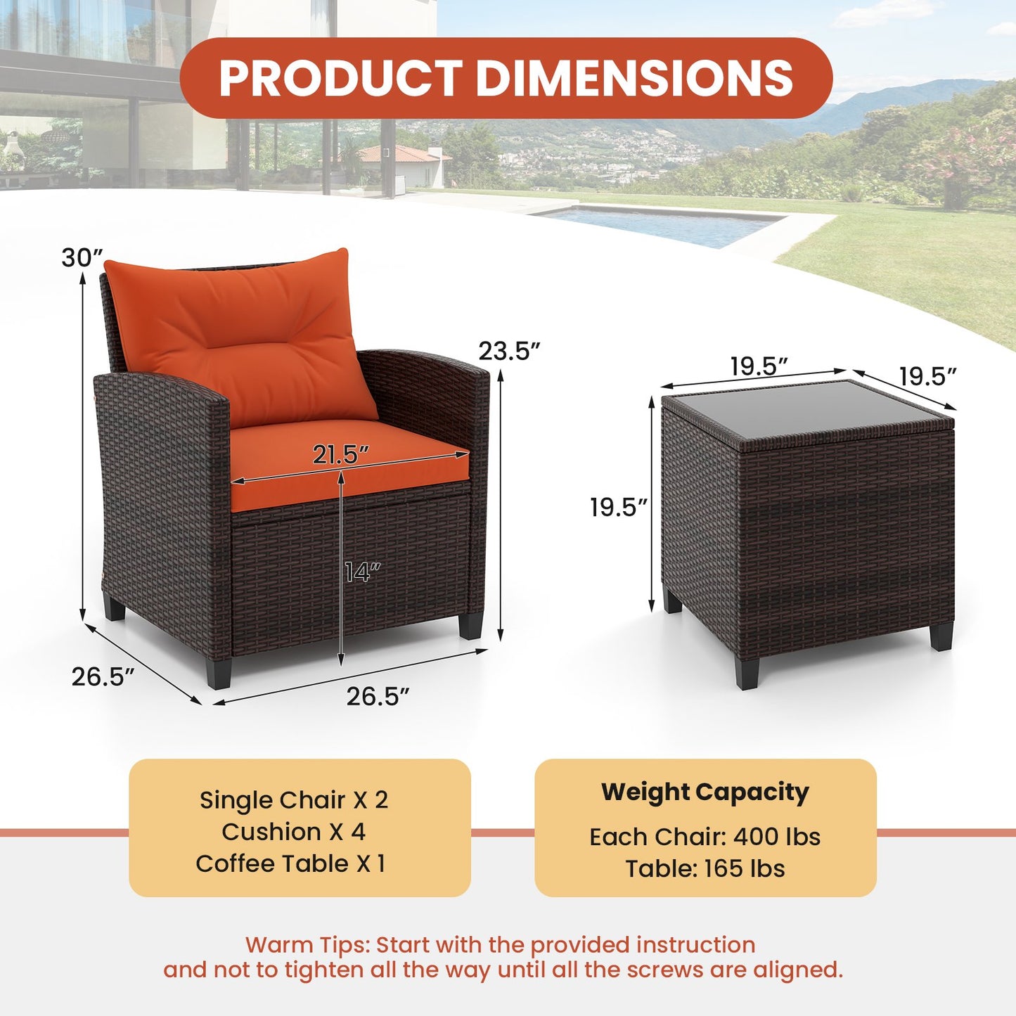 3 Pieces Patio Rattan Furniture Set with 4 Removable Cushions