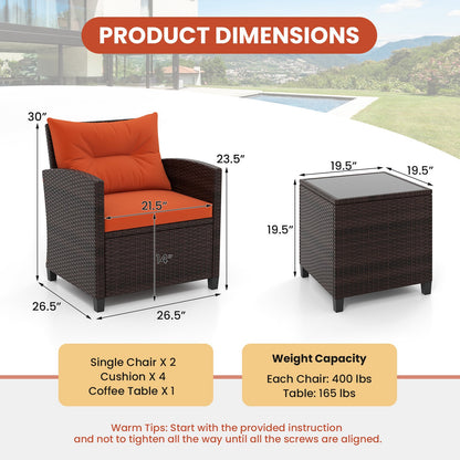 3 Pieces Patio Rattan Furniture Set with 4 Removable Cushions