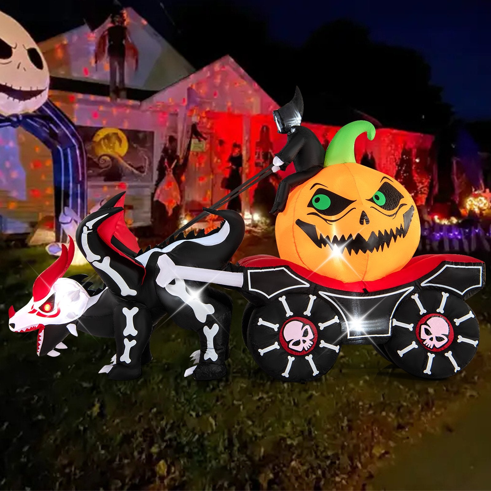 Halloween inflatable LED lighted carriage with pumpkin, skeleton reaper, and skull horse decoration for holiday decor.