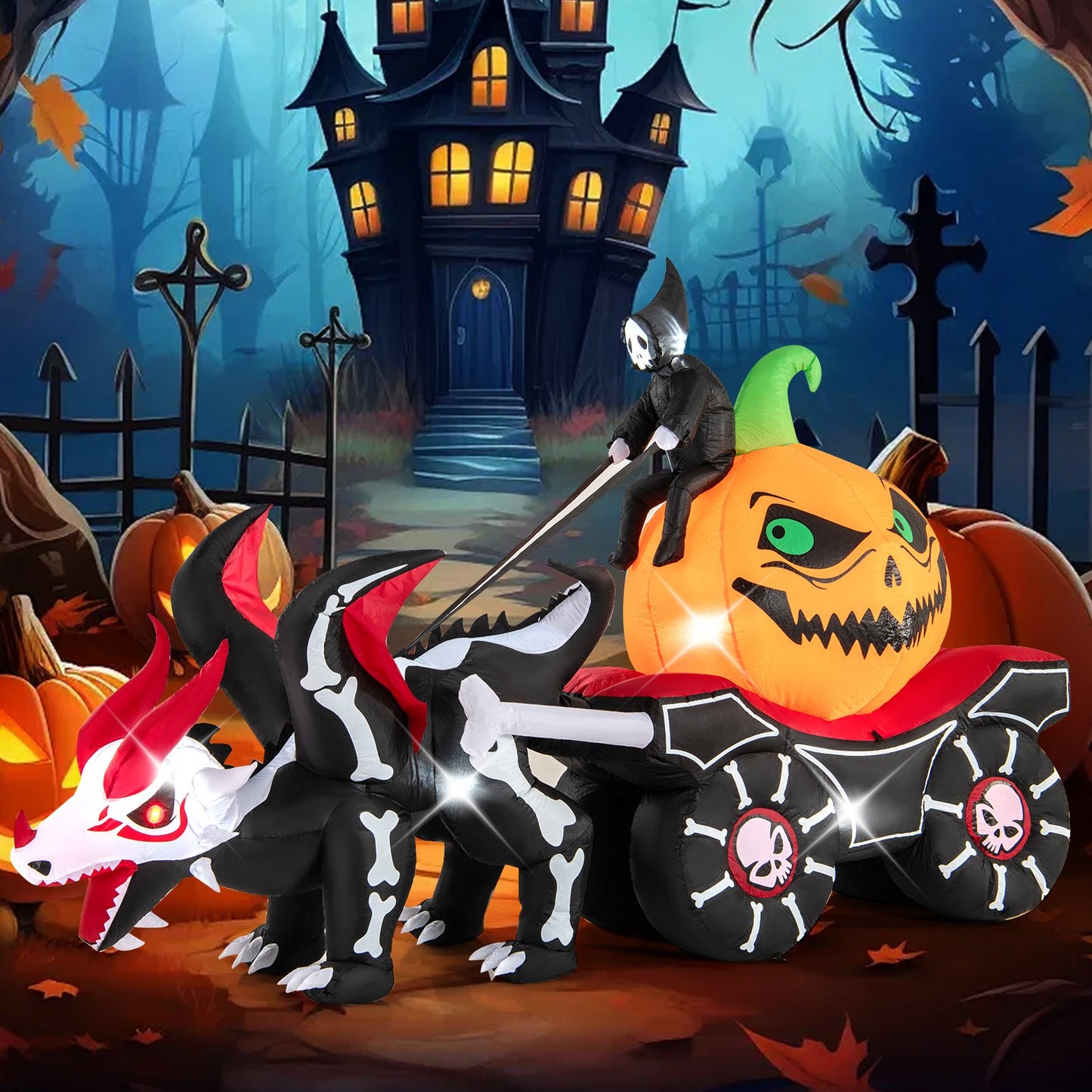 Halloween inflatable carraige with LED lights, pumpkin, skeleton dragon, and skull horse for festive holiday decor.