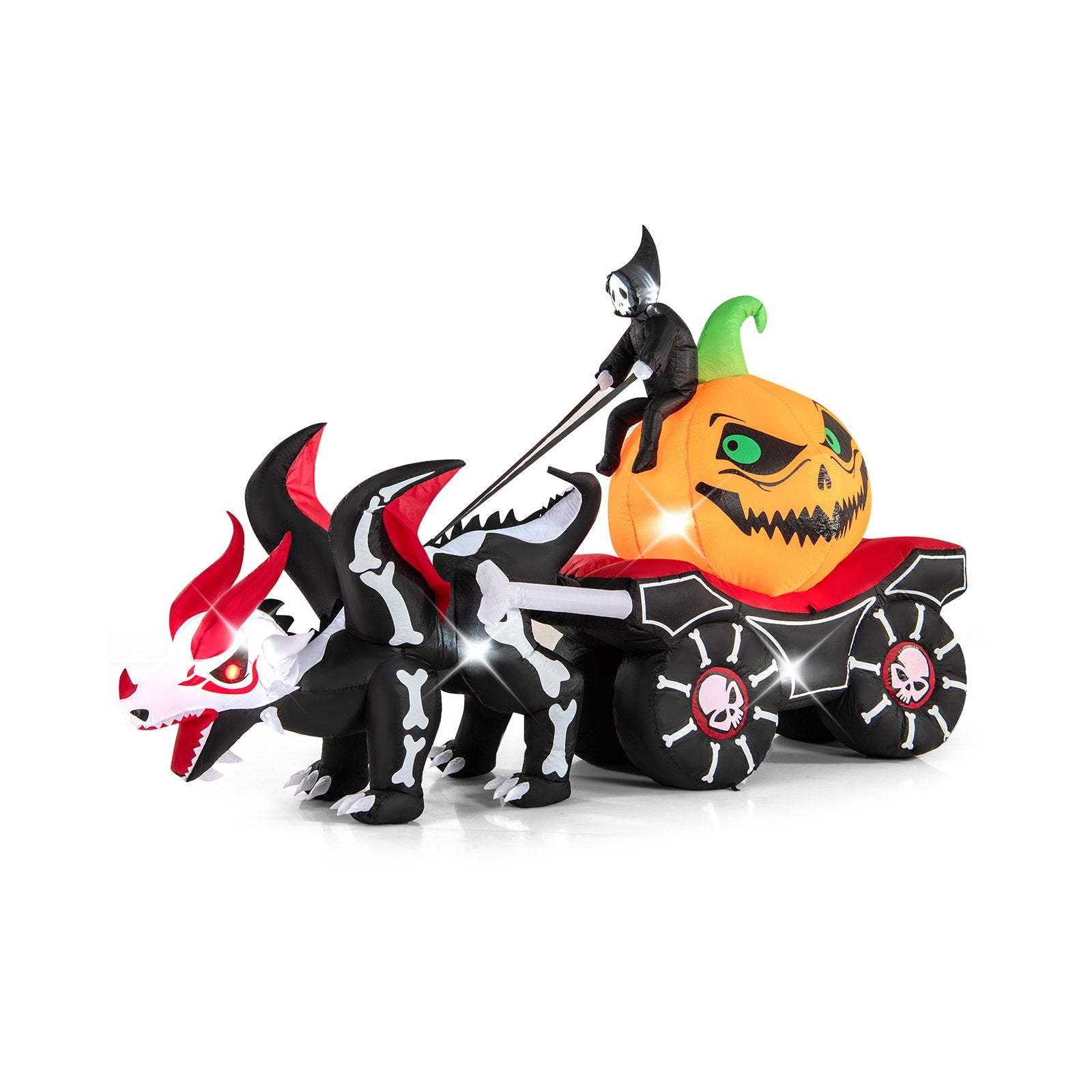 Halloween inflatable LED lighted carriage with pumpkin, skeleton dragon, and skull horse for festive holiday decor.