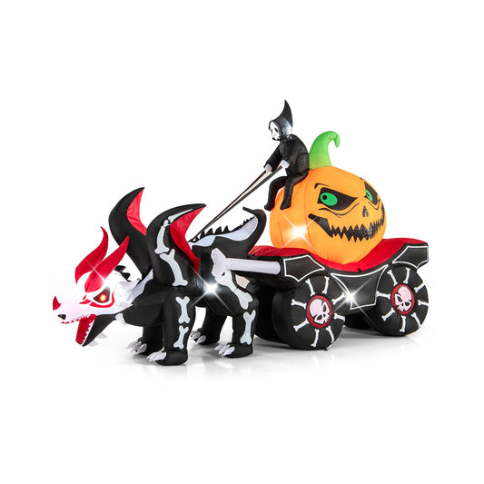 Halloween inflatable LED lighted carriage with pumpkin, skeleton dragon, and skull horse for festive holiday decor.