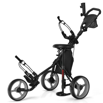 3 Wheels Folding Golf Push Cart with Seat Scoreboard and Adjustable Handle-Blue