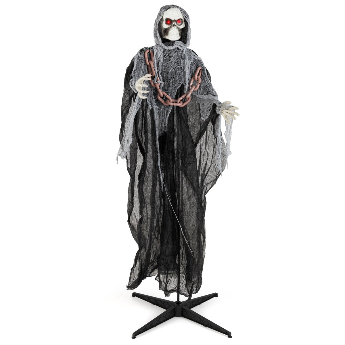 Black 6.4 ft Halloween Grim Reaper with lighted eyes, automatic arm movement, and spooky sounds, holiday decor by Wilsons Home Store