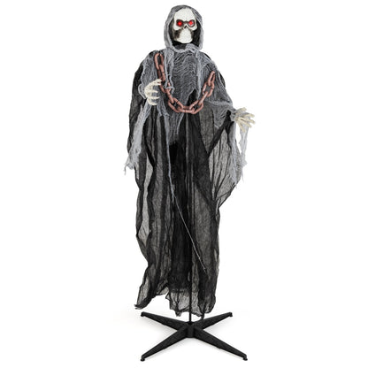 Black 6.4 ft Halloween Grim Reaper with lighted eyes, automatic arm movement, and spooky sounds, holiday decor by Wilsons Home Store