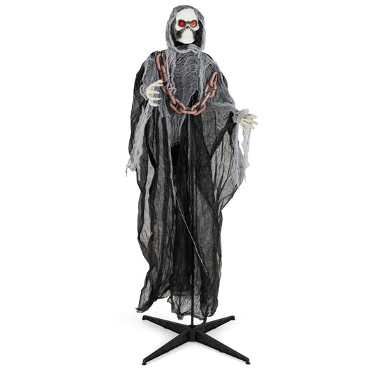 Black 6.4 ft Halloween Grim Reaper with lighted eyes, automatic arm movement, and spooky sounds, holiday decor by Wilsons Home Store