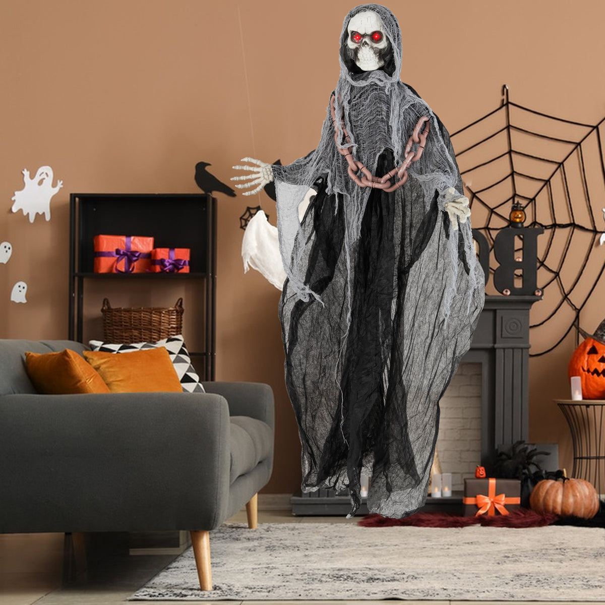 Black 6.4 ft Halloween Grim Reaper with lighted eyes, automatic arm movement, and terrifying sounds for spooky holiday decor.
