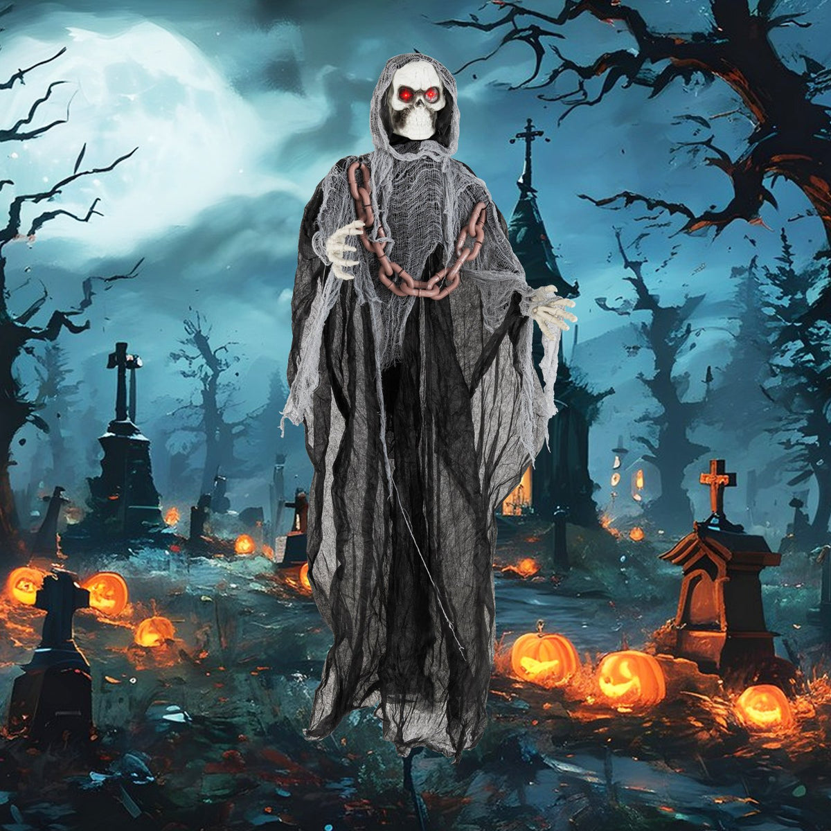 6.4 ft Halloween Grim Reaper decoration with lighted eyes, automatic arm movement, and terrifying sounds, from Wilsons Home Store.