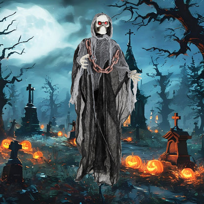 6.4 ft Halloween Grim Reaper decoration with lighted eyes, automatic arm movement, and terrifying sounds, from Wilsons Home Store.