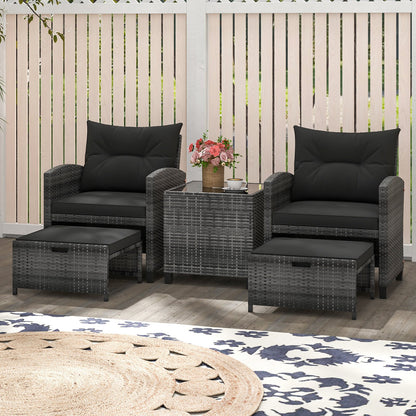 5 Piece Patio Rattan Furniture with 2 Ottomans and Tempered Glass Coffee Table-Beige