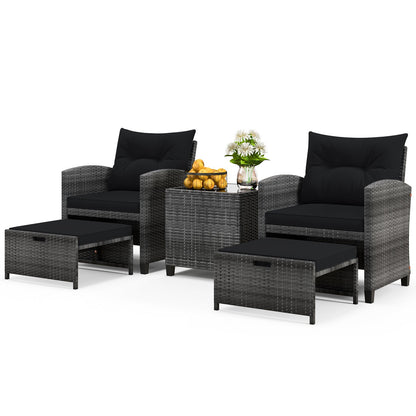 5 Piece Patio Rattan Furniture with 2 Ottomans and Tempered Glass Coffee Table-Beige