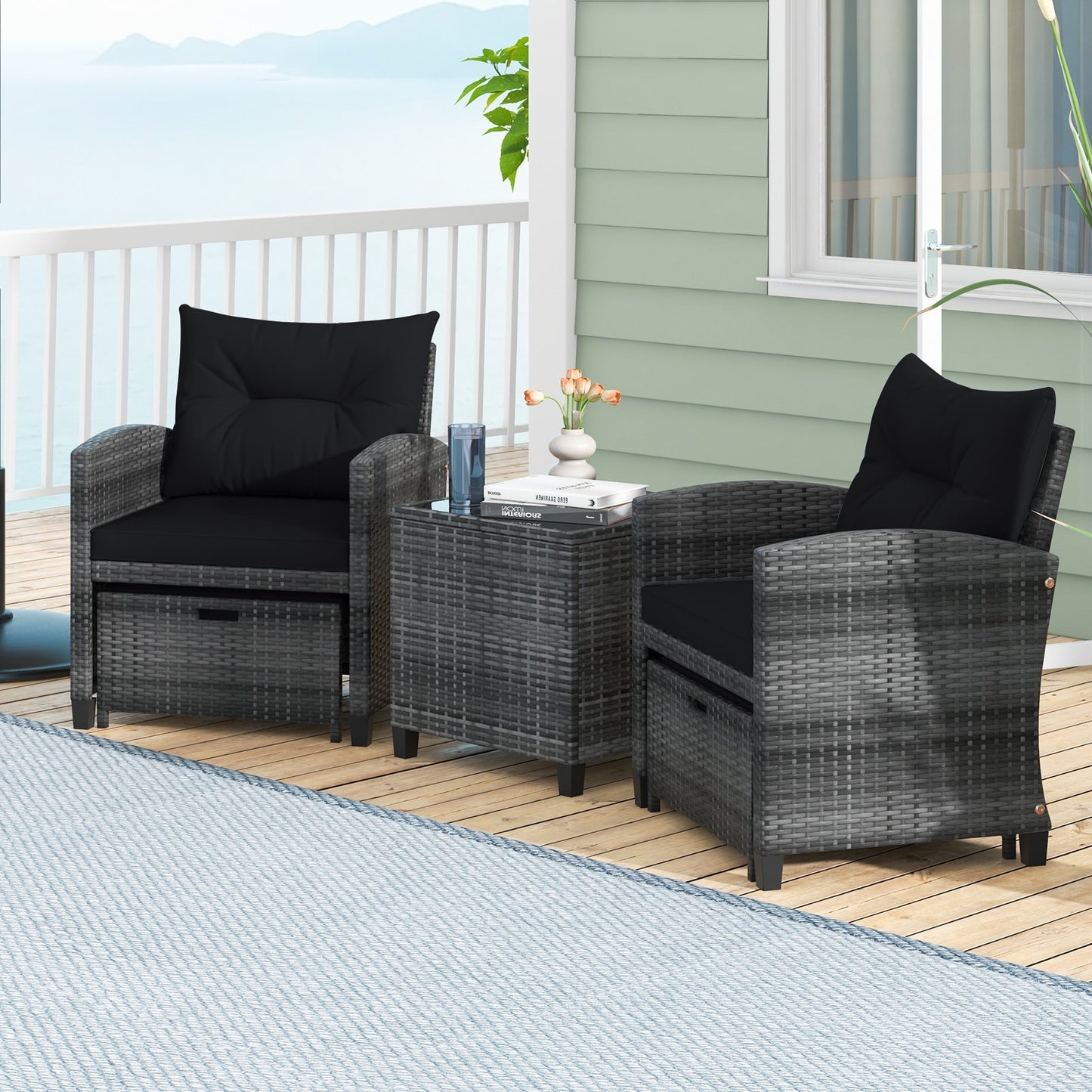 5 Piece Patio Rattan Furniture with 2 Ottomans and Tempered Glass Coffee Table-Beige