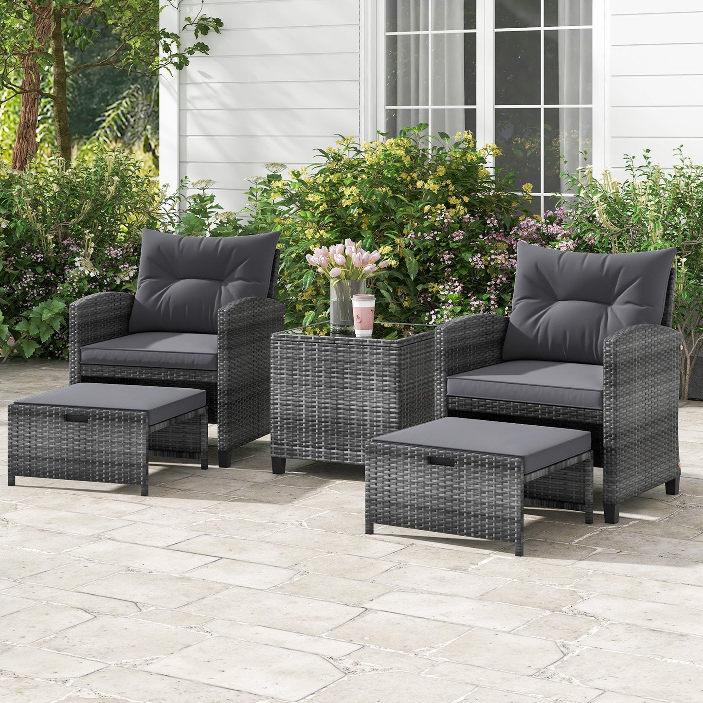 5 Piece Patio Rattan Furniture with 2 Ottomans and Tempered Glass Coffee Table-Beige