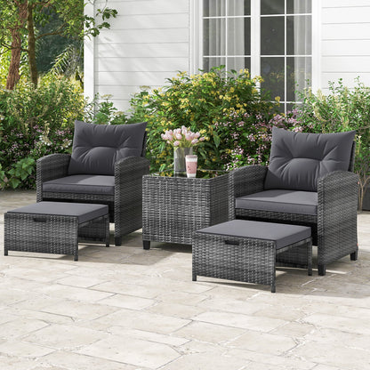 5 Piece Patio Rattan Furniture with 2 Ottomans and Tempered Glass Coffee Table-Beige