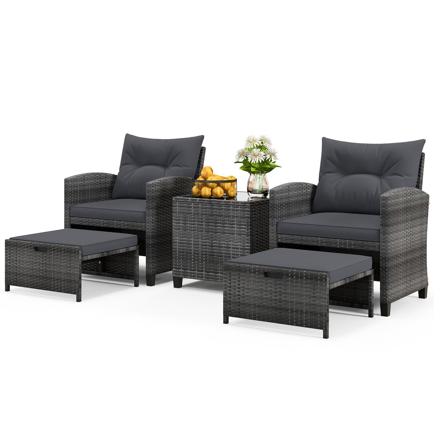 5 Piece Patio Rattan Furniture with 2 Ottomans and Tempered Glass Coffee Table-Beige