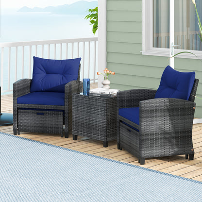 5 Piece Patio Rattan Furniture with 2 Ottomans and Tempered Glass Coffee Table-Beige