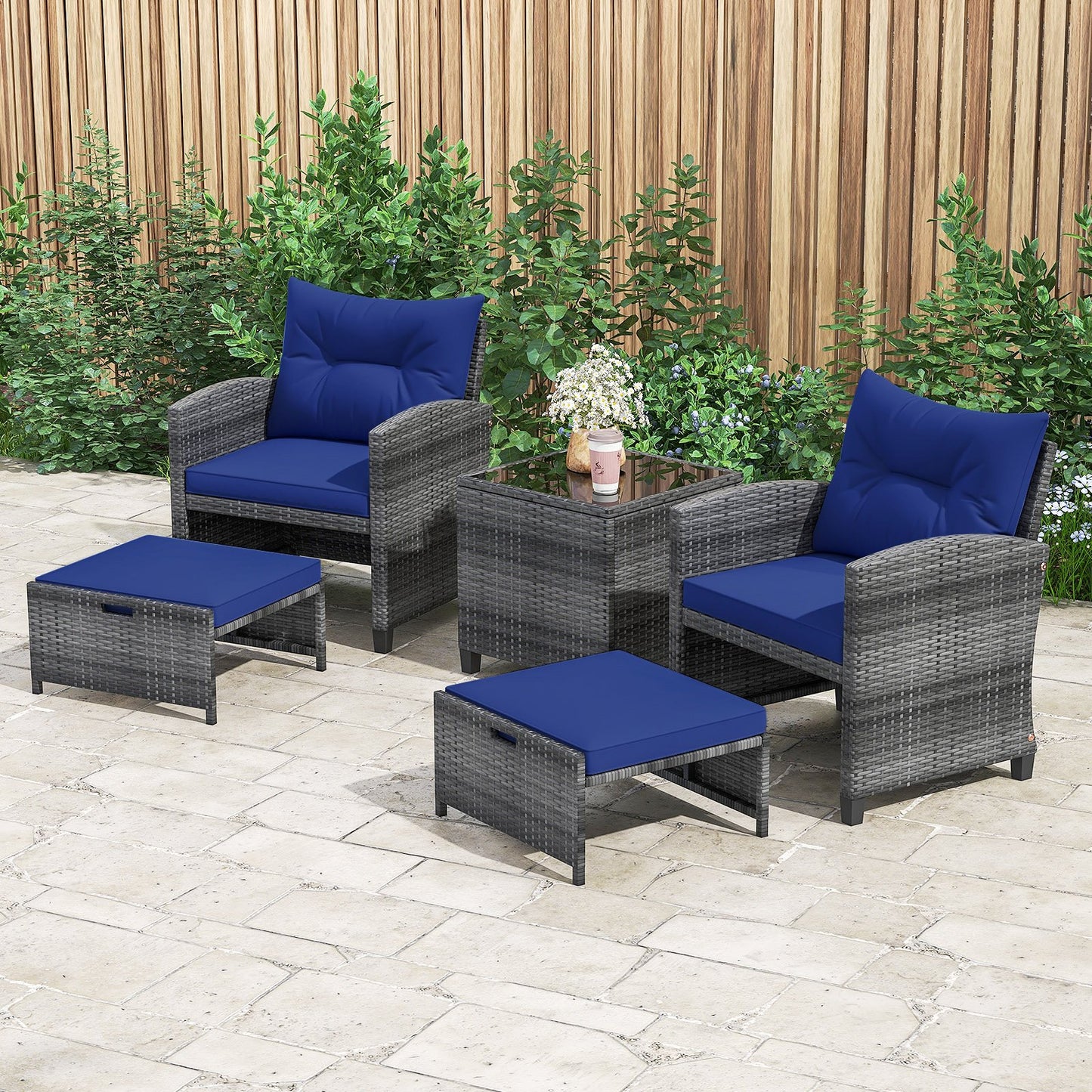 5 Piece Patio Rattan Furniture with 2 Ottomans and Tempered Glass Coffee Table-Beige