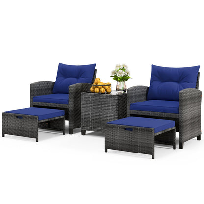 5 Piece Patio Rattan Furniture with 2 Ottomans and Tempered Glass Coffee Table-Beige