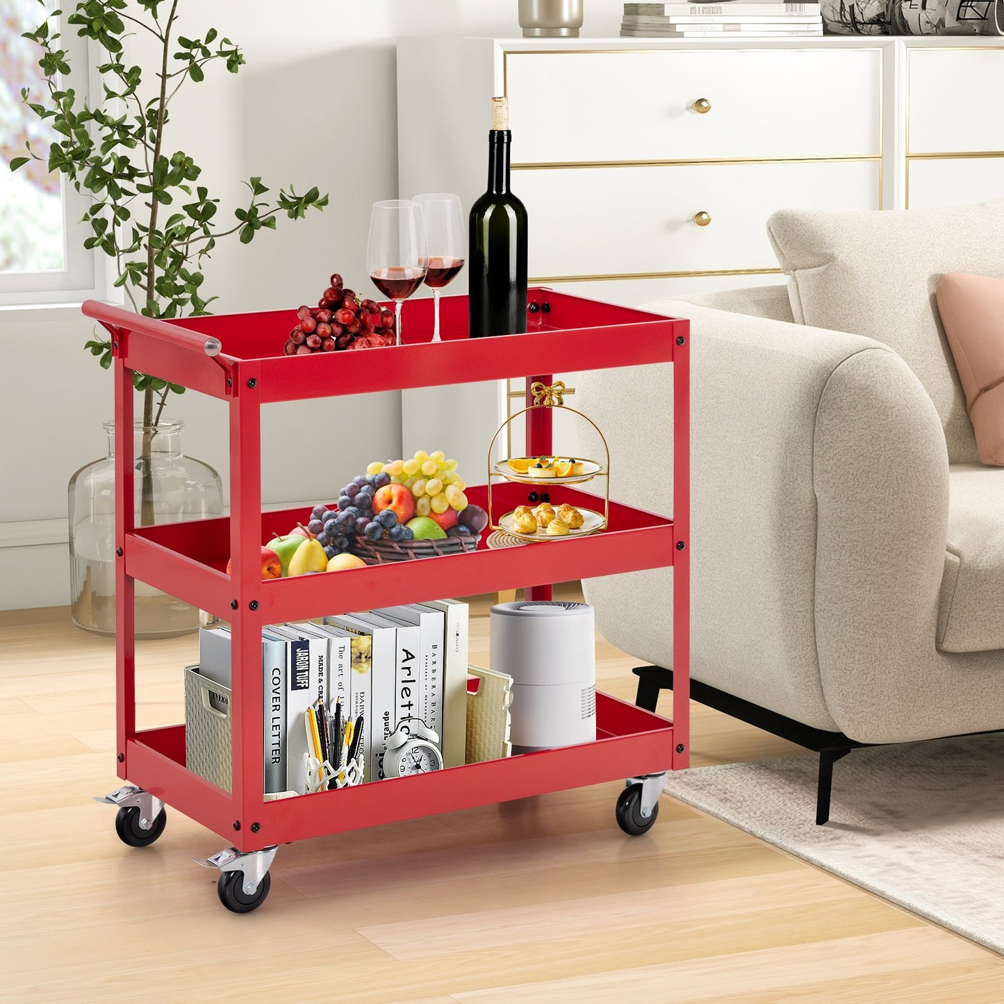 3-Tier Utility Cart Rolling Metal Cart with Handle and Universal Wheels-Black