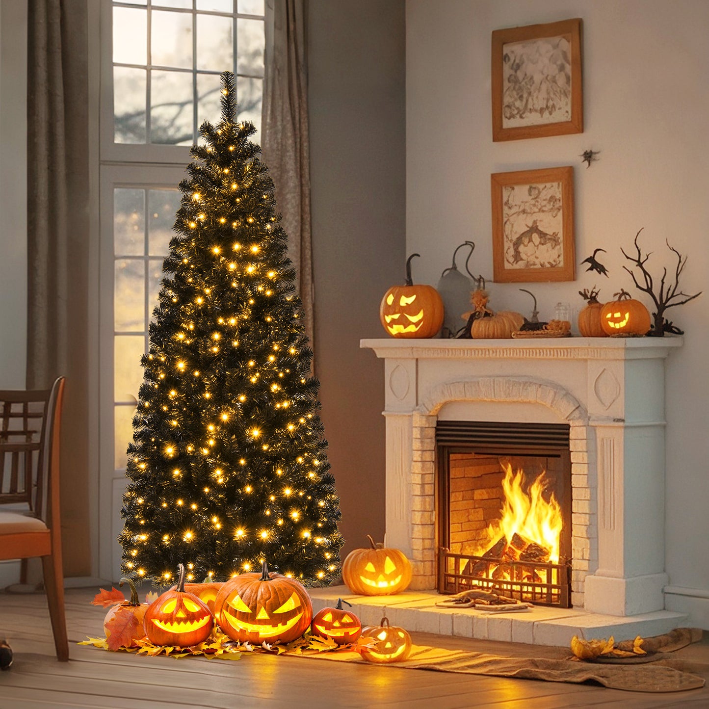 Pre-lit Christmas Halloween Tree with PVC Branch Tips and Warm White Lights-6'