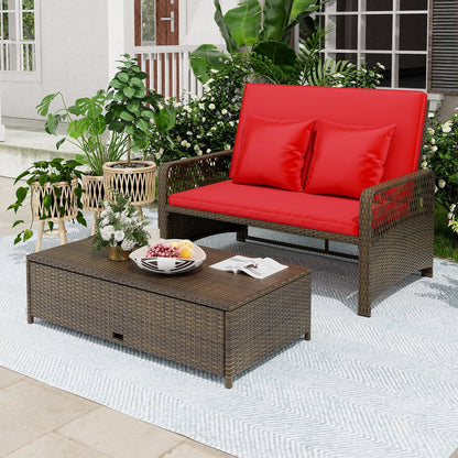 Patio Adjustable Wicker Daybed with 4-Level Backrest and Soft Cushions-Beige