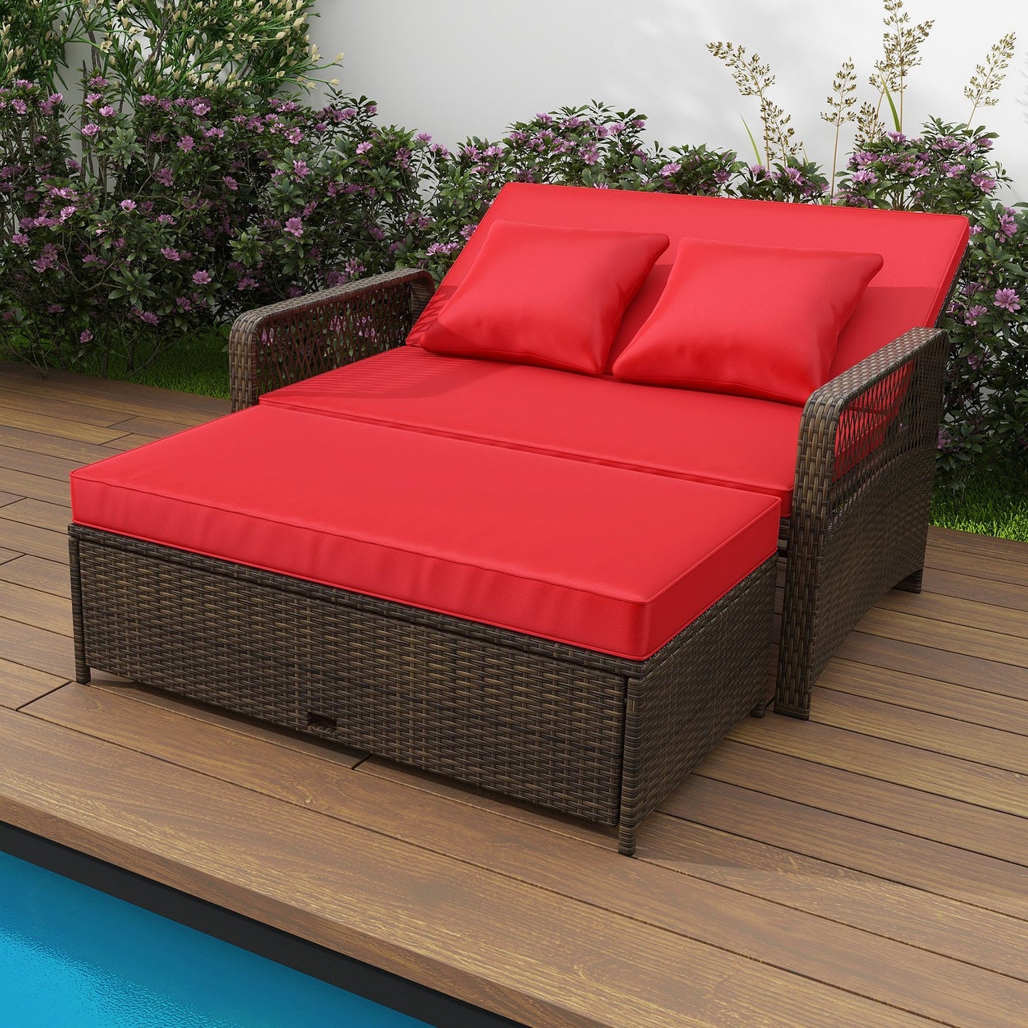 Patio Adjustable Wicker Daybed with 4-Level Backrest and Soft Cushions-Beige