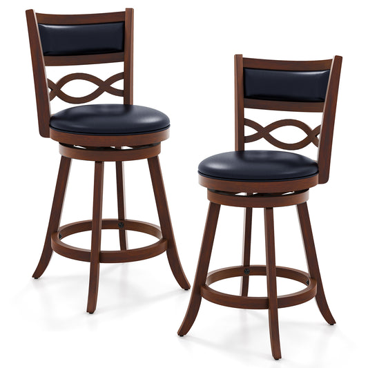 Set of 2 bar stools with rubber wood frames and faux leather upholstered seats, 24-inch height, in a modern kitchen and dining setting.