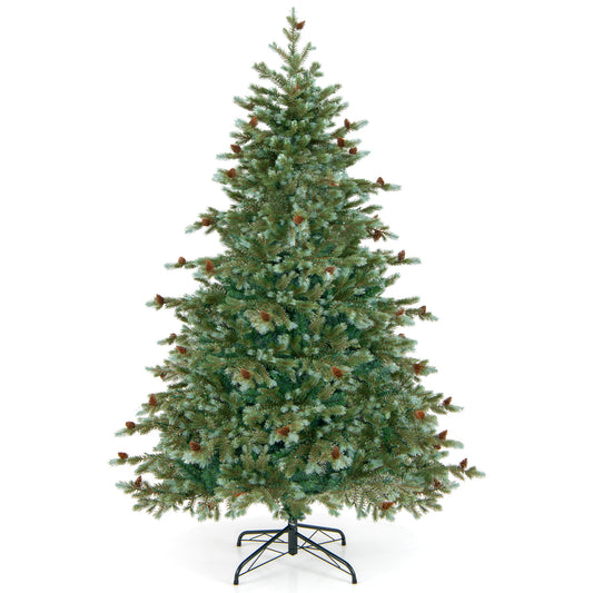 6 ft Christmas tree with warm white LED lights and pine cones, featuring lush green branches for holiday decor.