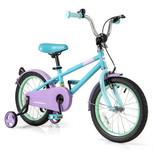Purple kids bike with adjustable handlebar and saddle, 16-inch size, designed for young children, featuring sturdy tires and lightweight frame.