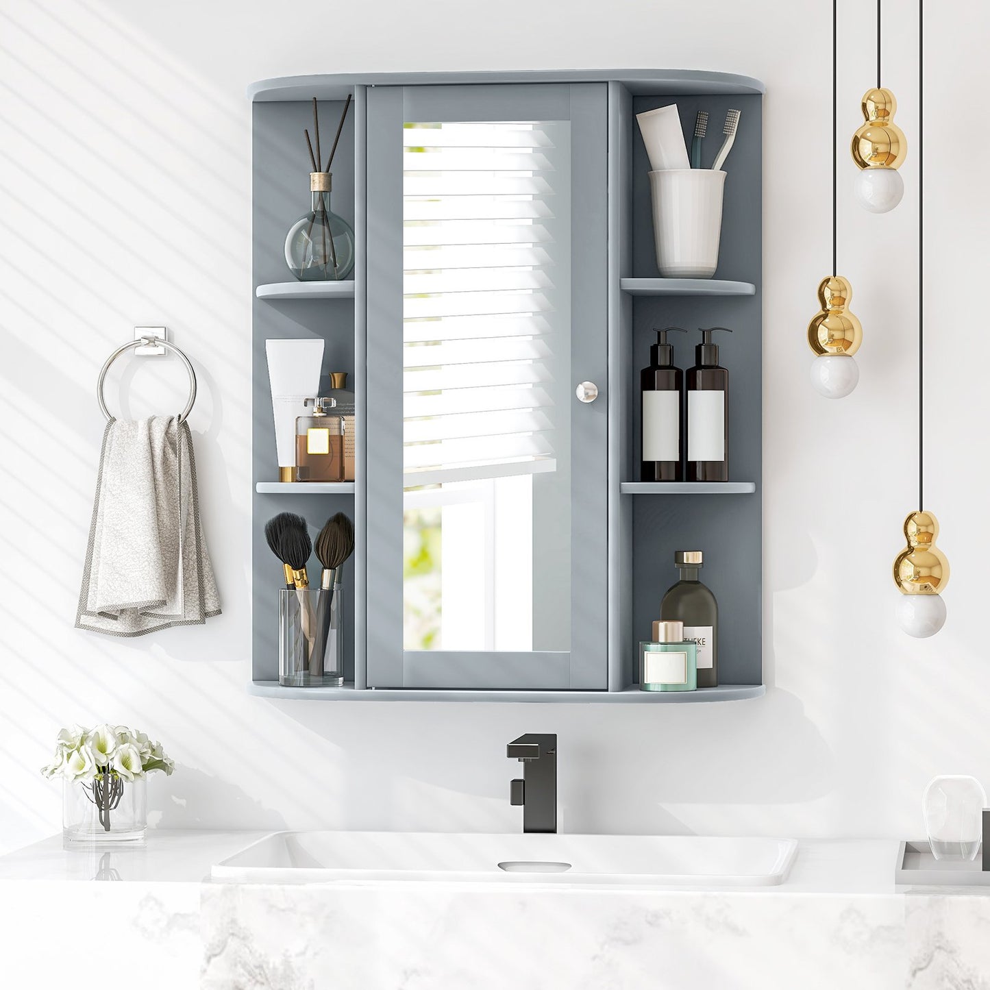 Bathroom Single Door Shelves Wall Mount Cabinet with Mirror-Gray