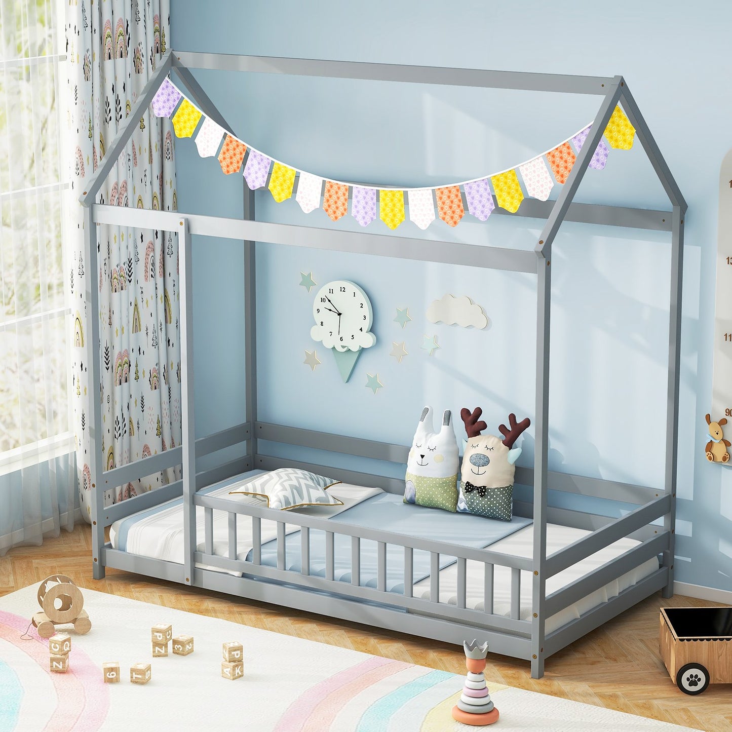 Twin Size Kids House Bed Wooden Floor Bed with Roof and Full-length Safety Guardrail-Gray