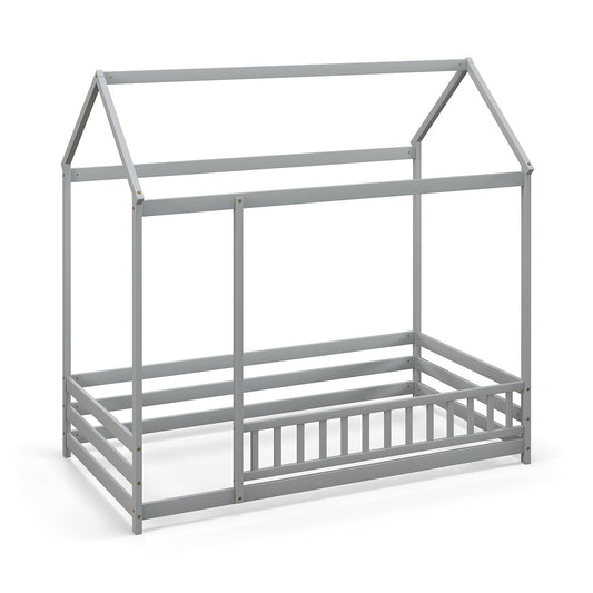 Twin Size Kids House Bed Wooden Floor Bed with Roof and Full-length Safety Guardrail-Gray