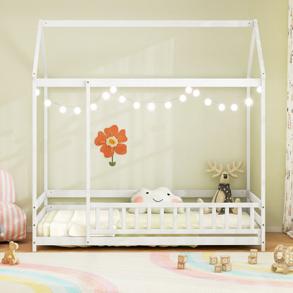Twin Size Kids House Bed Wooden Floor Bed with Roof and Full-length Safety Guardrail-Gray