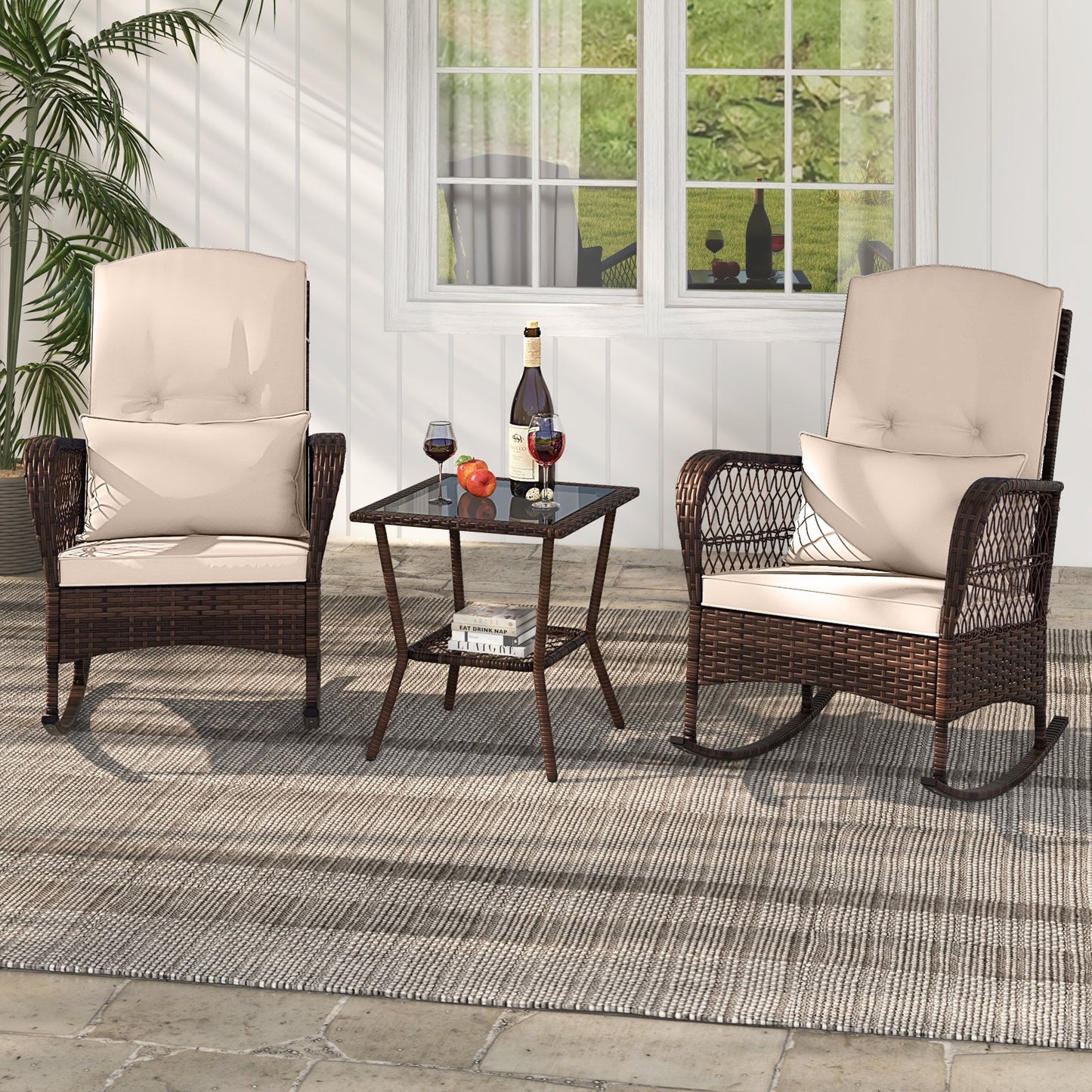 3 Pieces Rocking Bistro Set with 2-Tier Coffee Table-Navy