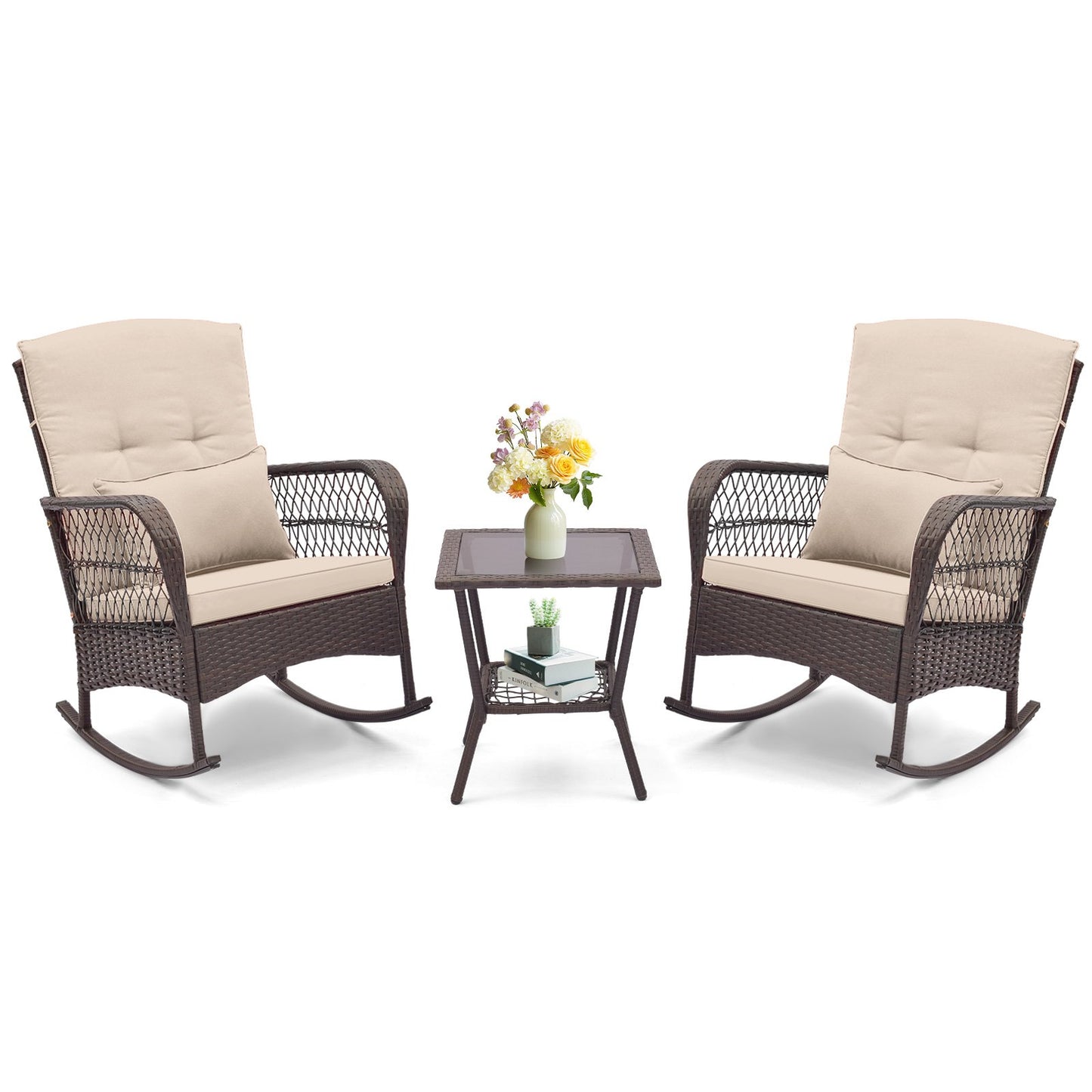 3 Pieces Rocking Bistro Set with 2-Tier Coffee Table-Navy
