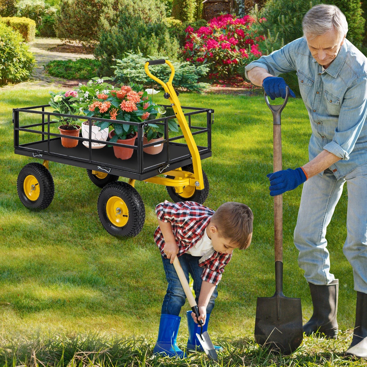 Utility Garden Wagon with 4 Removable Side Panels and 900/1200 LBS Load Capacity-43 X21 X 36 Inch