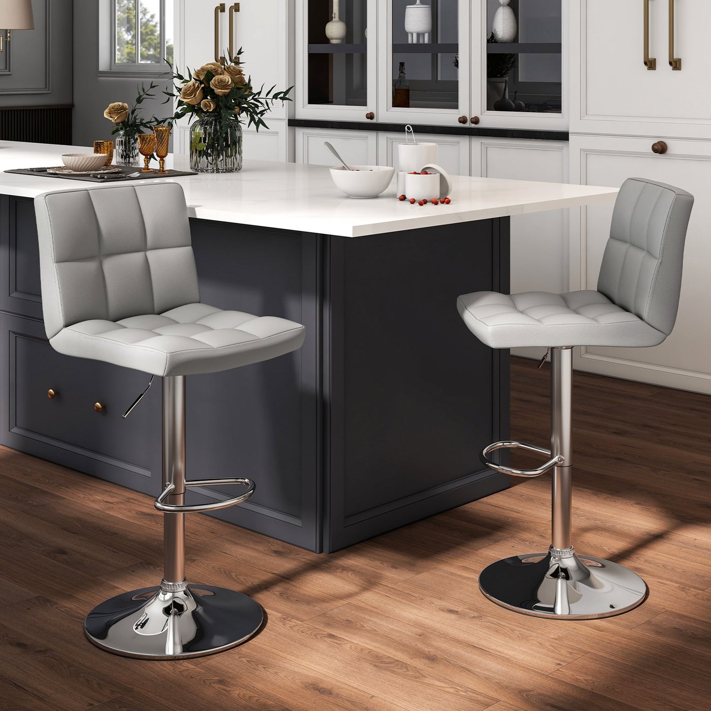 Set of 2 Square Swivel Adjustable PU Leather Bar Stools with Back and Footrest-Black