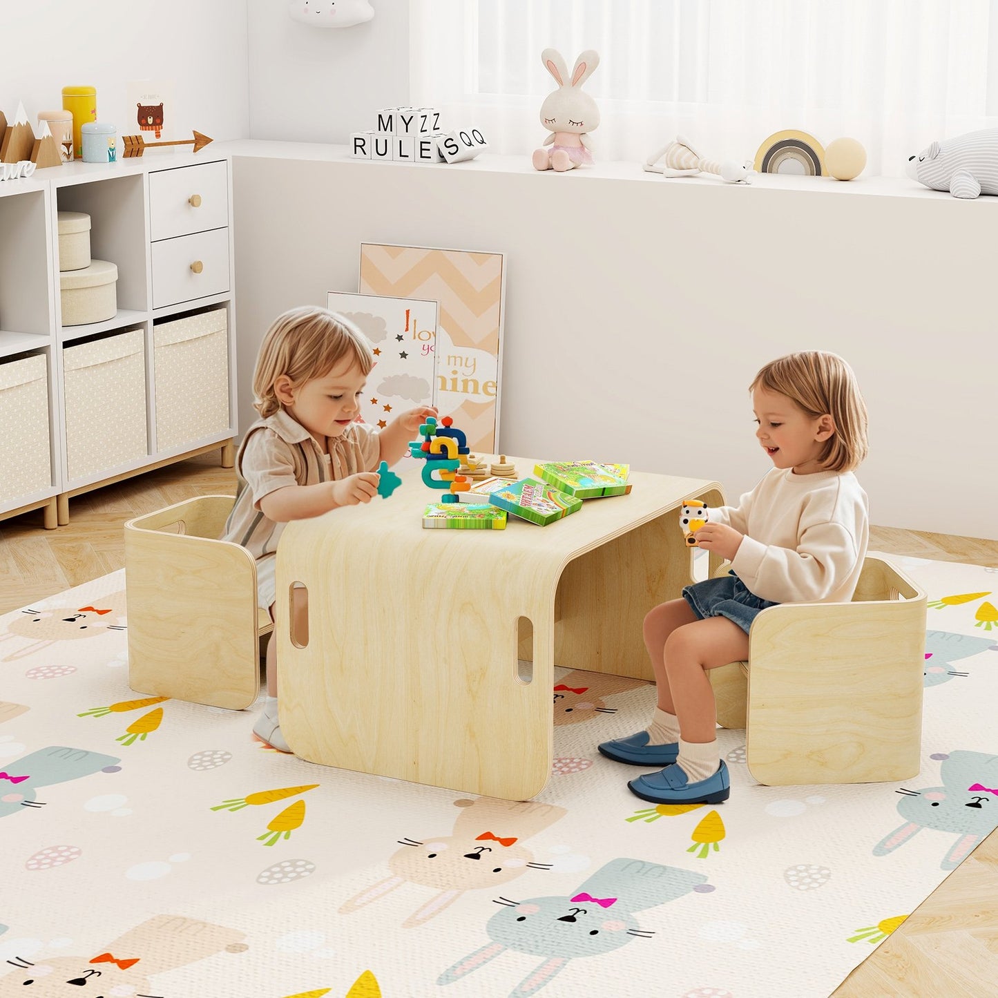 3 Pieces Kids Wooden Table and Chair Set-Gray