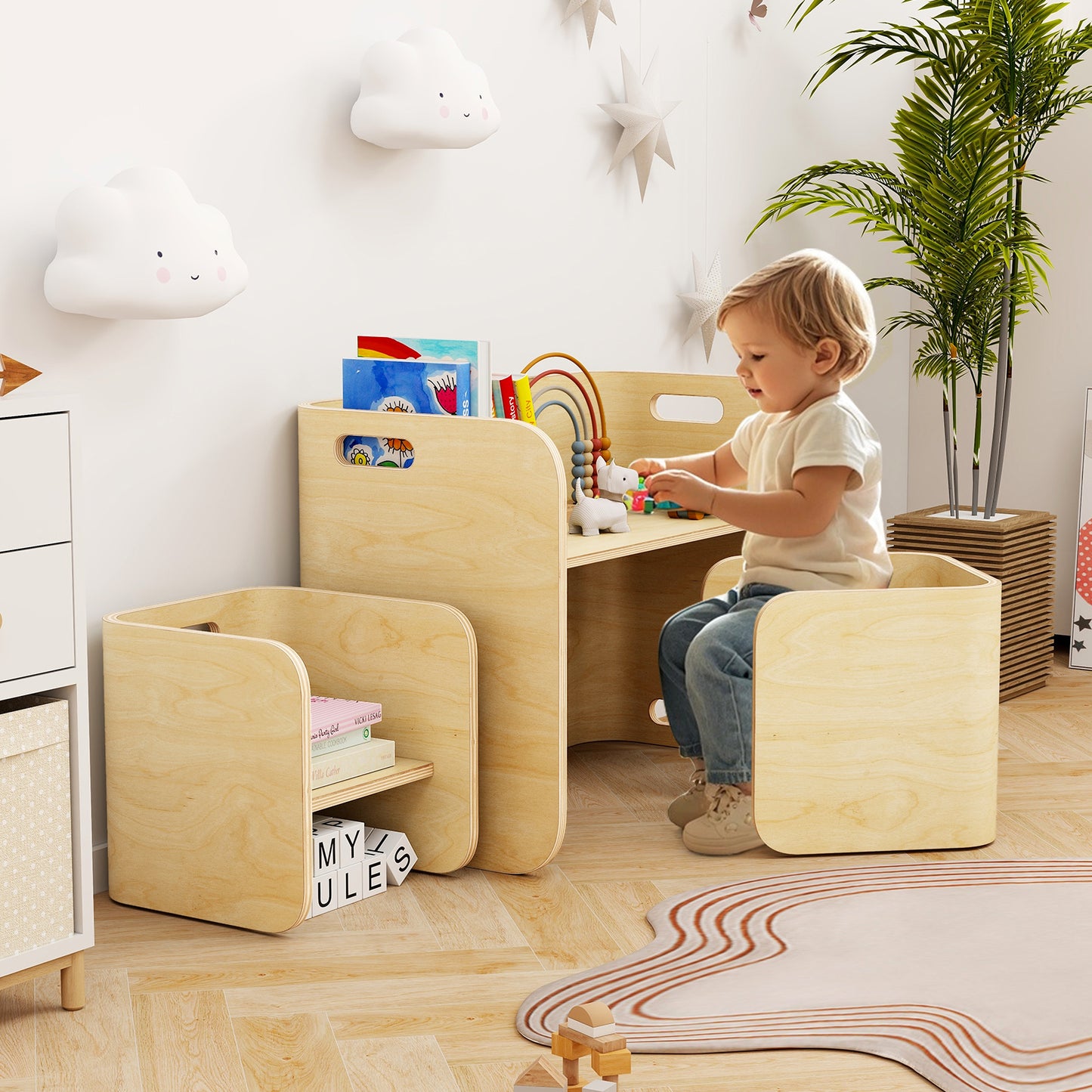 3 Pieces Kids Wooden Table and Chair Set-Gray