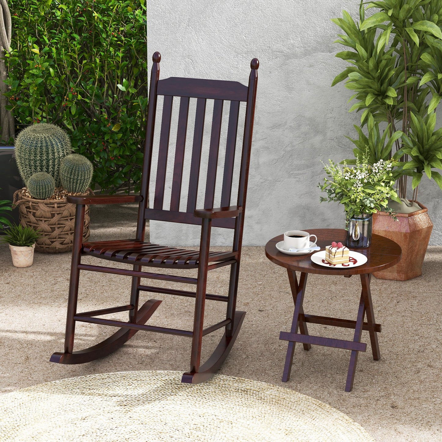 High-Back Acacia Wood Outdoor Rocking Chair with Solid Rocking Base-Black