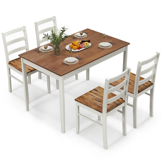 5-Piece Wooden Dining Set with Rectangular Table and 4 Chairs-Coffee and White