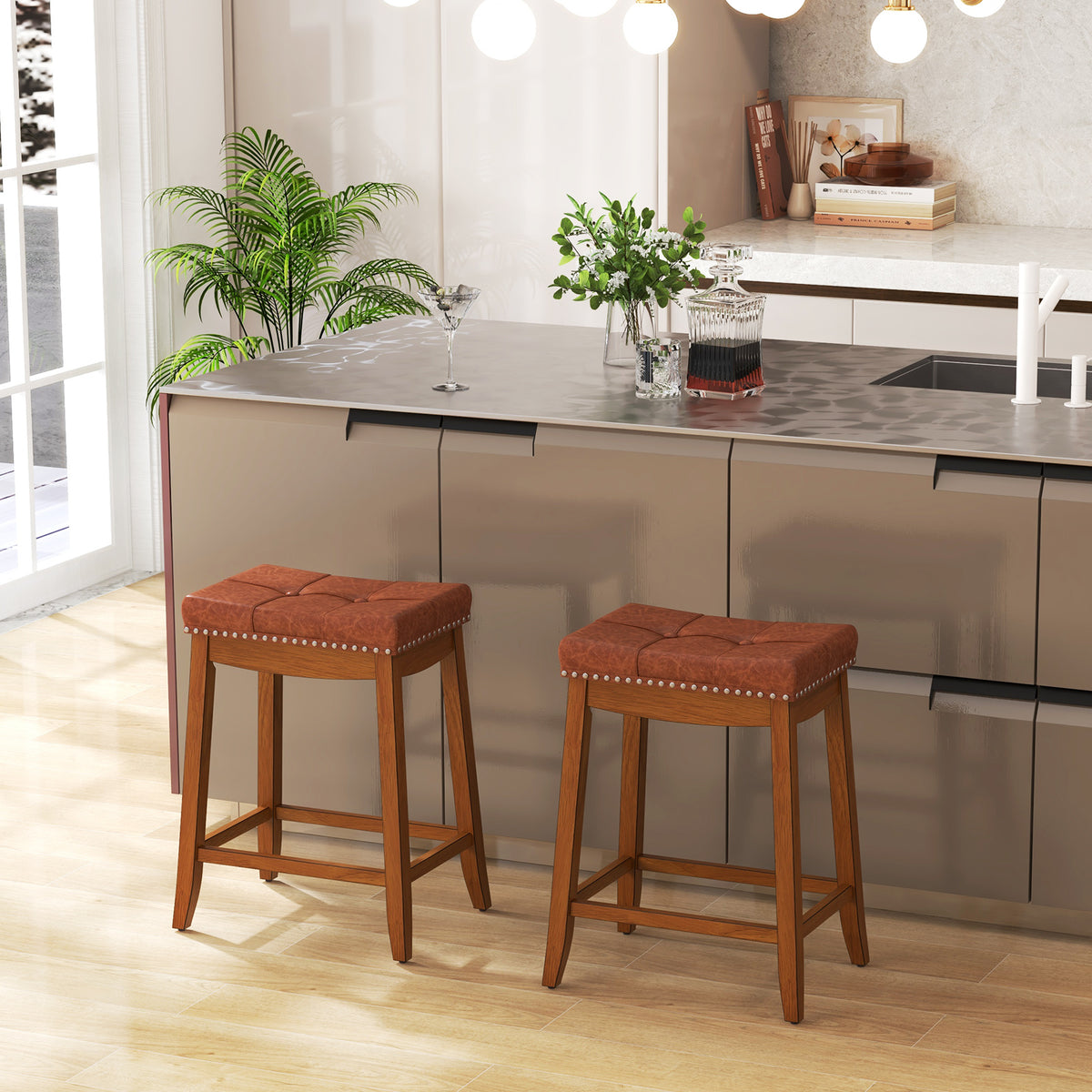 Set of 2 25-inch upholstered PU leather bar stools with saddle seats, perfect for kitchen and dining areas.