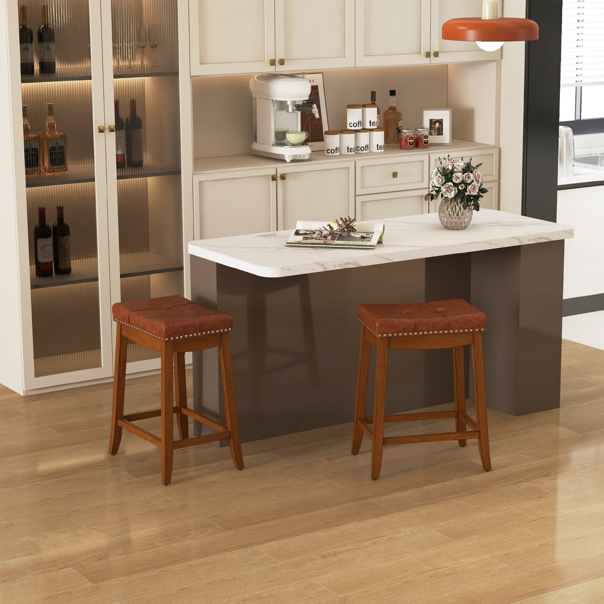 Set of 2 25-inch upholstered PU leather bar stools with saddle seats, ideal for kitchen and dining areas.