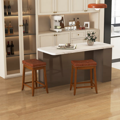 Set of 2 25-inch upholstered PU leather bar stools with saddle seats, ideal for kitchen and dining areas.