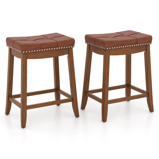 Set of 2 25-inch upholstered PU leather bar stools with saddle seats, ideal for kitchen and dining areas.