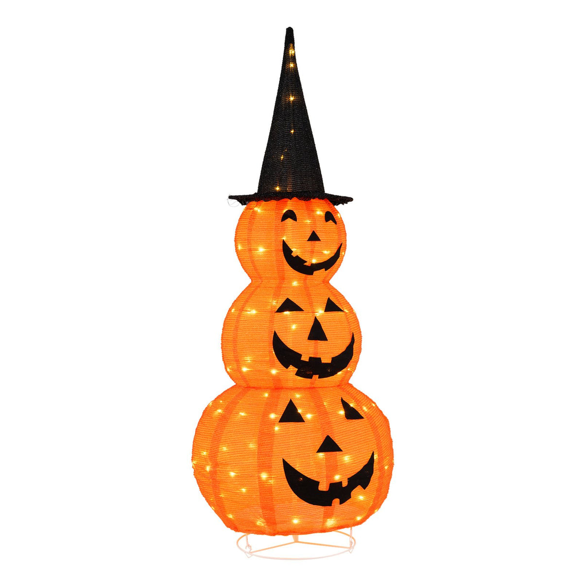 Lighted 5-foot stacked pumpkins Halloween decoration with witch hat, ideal for spooky holiday decor, by Wilsons Home Store.
