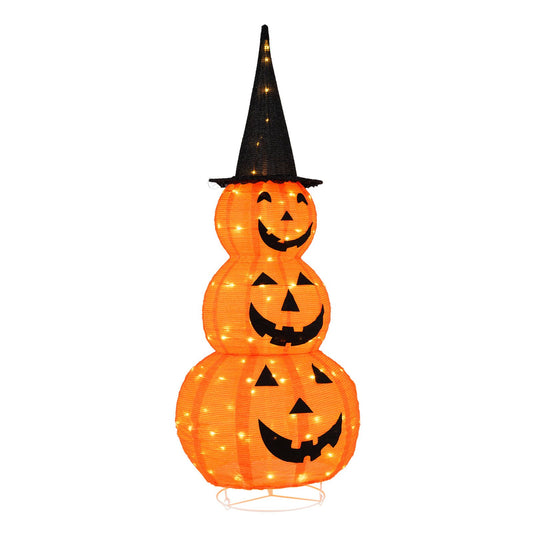 Lighted 5-foot stacked pumpkins Halloween decoration with witch hat, ideal for spooky holiday decor, by Wilsons Home Store.