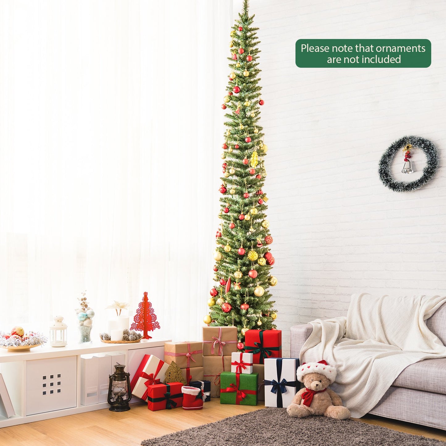 5/6/7/8/9 Feet Pre-lit Pencil Artificial Christmas Tree with 150/180/200//300/400 Warm White LED Lights-7 ft